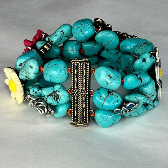 Lucky brand Turquoise Stone Chunky Bracelet With Bee & Flower Accents boho - Picture 3 of 8